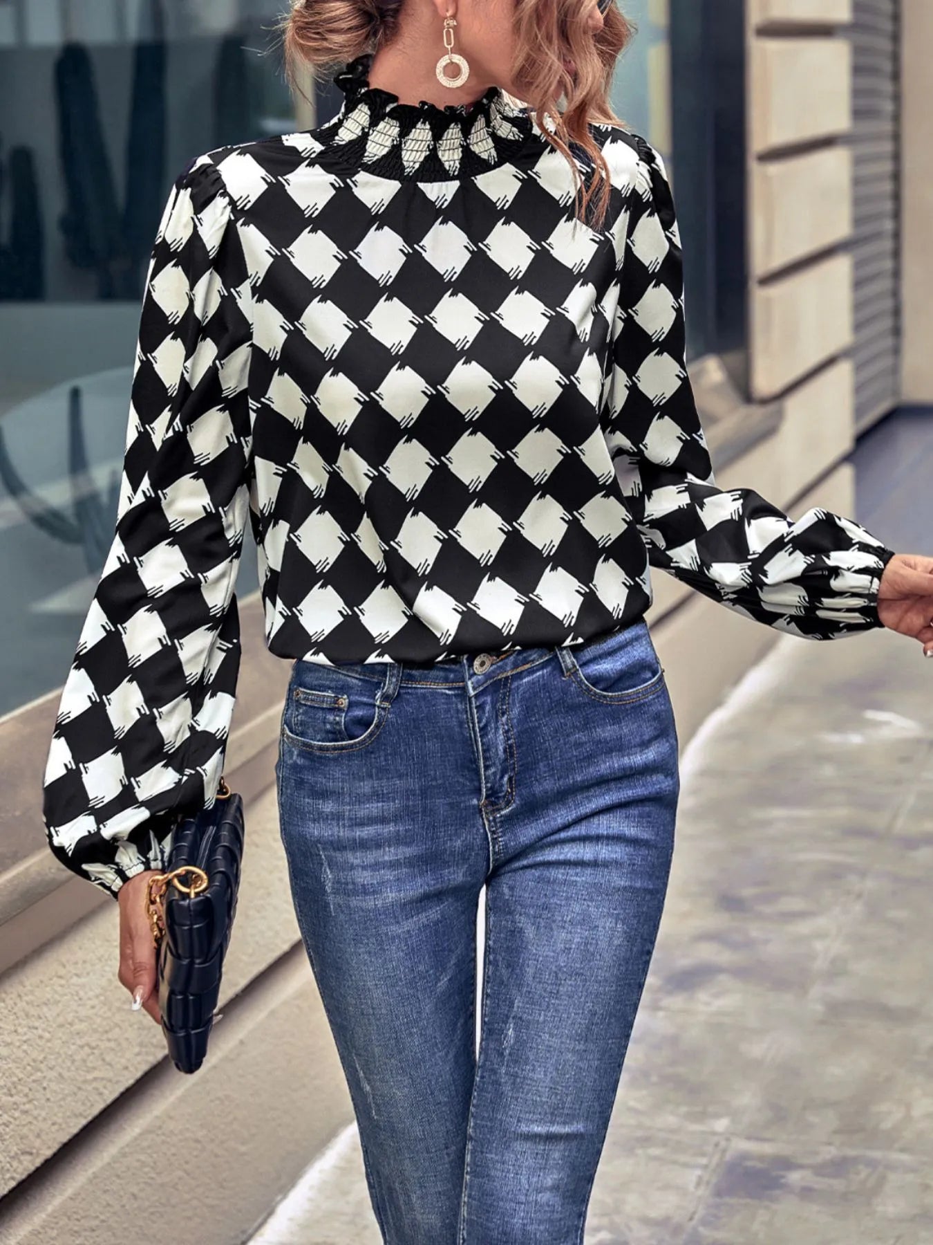 Checkered Pattern Balloon Sleeve Blouse - Velora Luxury Fashion