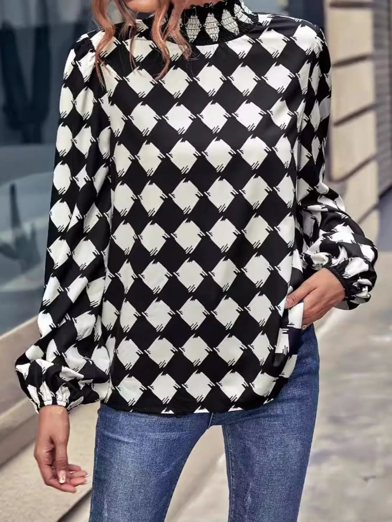 Checkered Pattern Balloon Sleeve Blouse - Velora Luxury Fashion