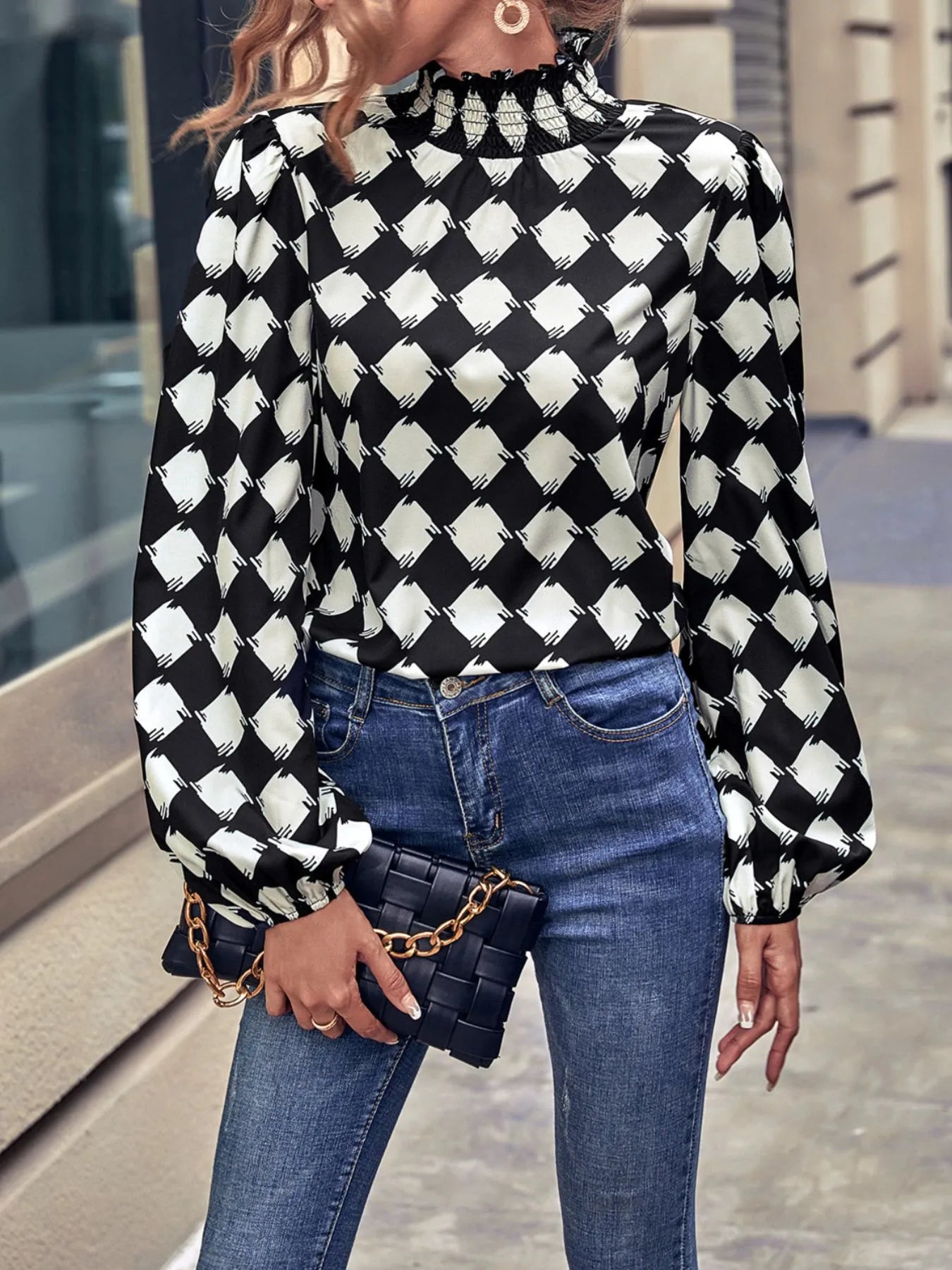 Checkered Pattern Balloon Sleeve Blouse - Velora Luxury Fashion