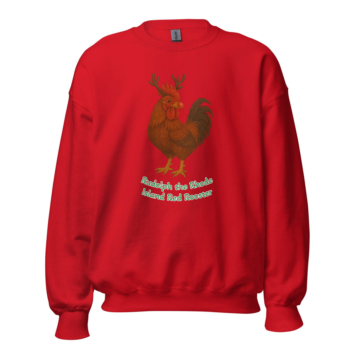 Chickmas Rudolph the Rhode Island Red Rooster (words) Unisex Sweatshirt - Velora Luxury Fashion