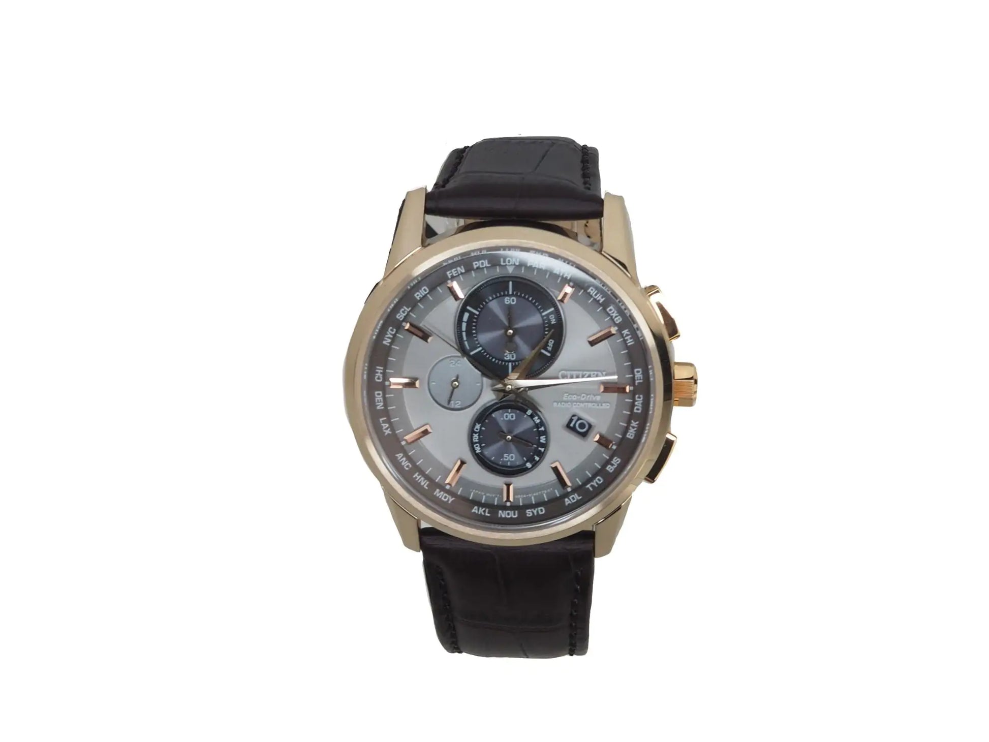 Citizen (AT8113-04H) World Chronograph A-T Brown Crocodile Print Strap Watch - Velora Luxury Fashion