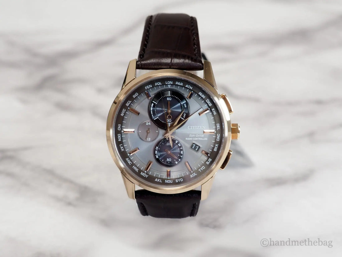 Citizen (AT8113-04H) World Chronograph A-T Brown Crocodile Print Strap Watch - Velora Luxury Fashion