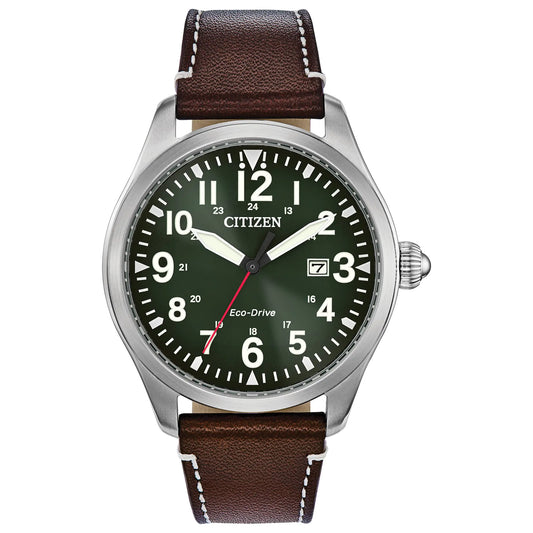 Citizen Mens Eco-Drive Weekender Garrison Field Watch in Stainless Steel with Brown Leather strap Green Dial (Model: BM6838-09X) - Velora Luxury Fashion