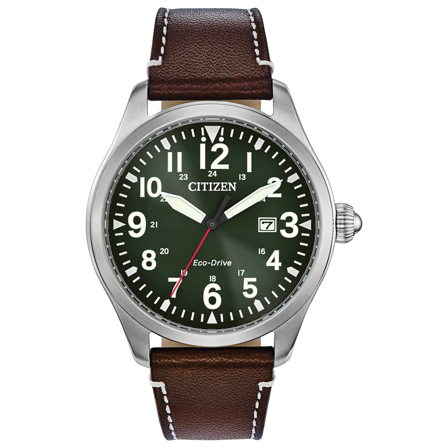 Citizen Mens Eco-Drive Weekender Garrison Field Watch in Stainless Steel with Brown Leather strap Green Dial (Model: BM6838-09X) - Velora Luxury Fashion