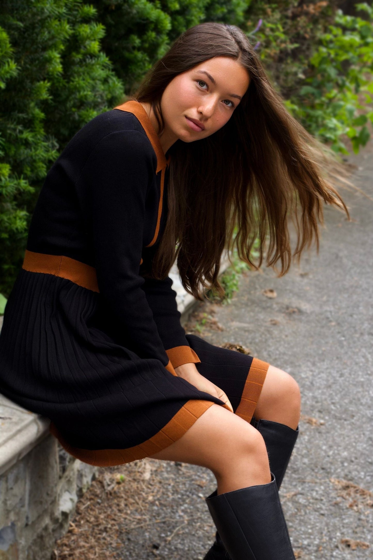 Clarissa Knit Women's Dress Contrast Trim Long Sleeves - Velora Luxury Fashion