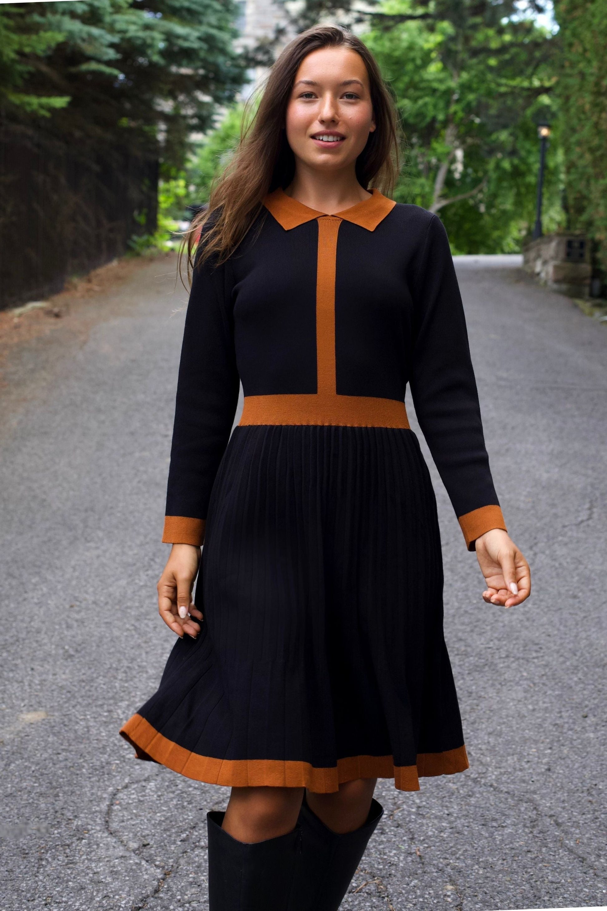 Clarissa Knit Women's Dress Contrast Trim Long Sleeves - Velora Luxury Fashion