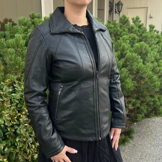 Classic Women's Lamb Leather Jacket with Regular Collar - Velora Luxury Fashion