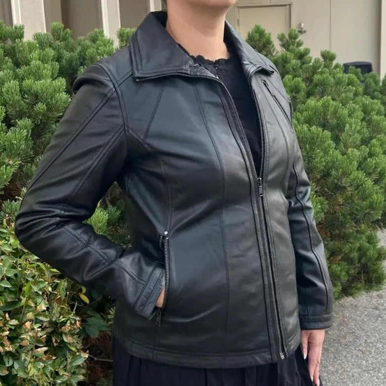 Classic Women's Lamb Leather Jacket with Regular Collar - Velora Luxury Fashion