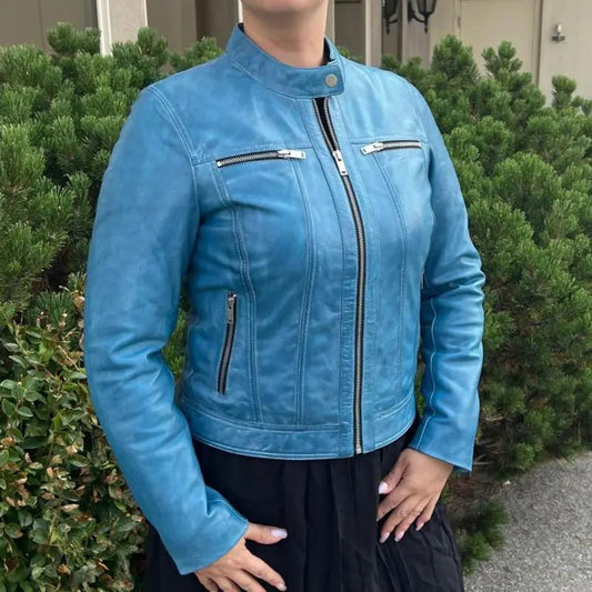 Classic Women's Lamb Leather Jacket with Snap Collar - Velora Luxury Fashion
