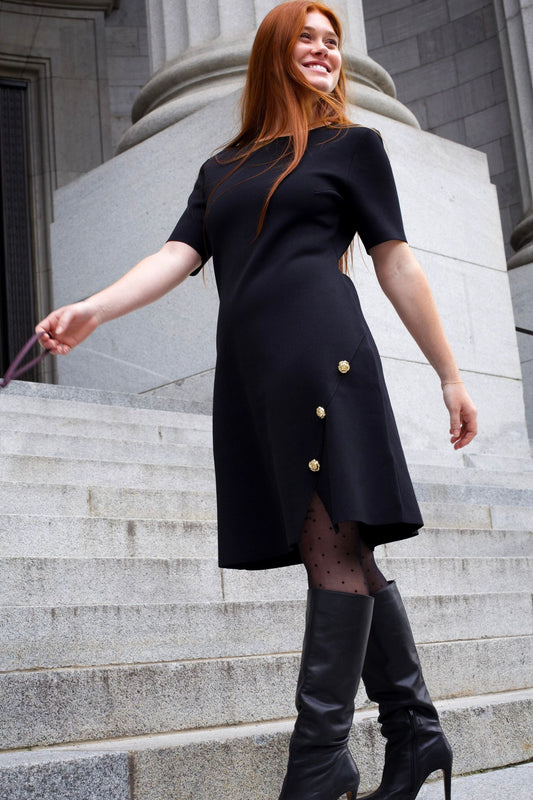 Cleo Black A-Line Dress Short Sleeves Gold Button Front Detail - Velora Luxury Fashion