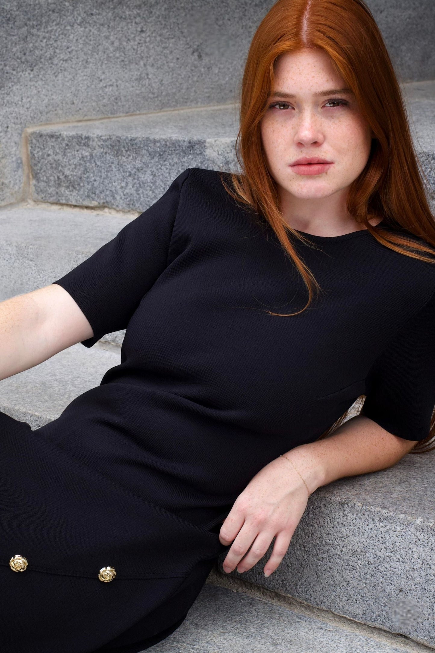 Cleo Black A-Line Dress Short Sleeves Gold Button Front Detail - Velora Luxury Fashion