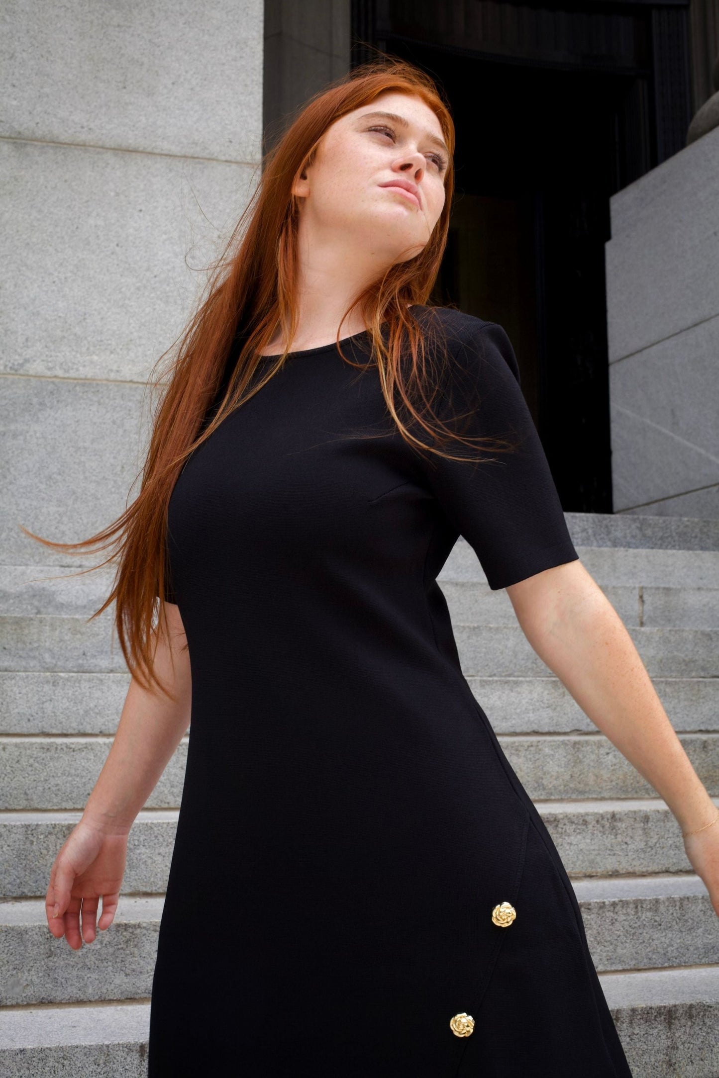 Cleo Black A-Line Dress Short Sleeves Gold Button Front Detail - Velora Luxury Fashion