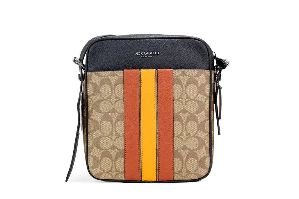 Coach Hudson 21 Khaki Terracotta Signature Varsity Stripe Crossbody - Velora Luxury Fashion
