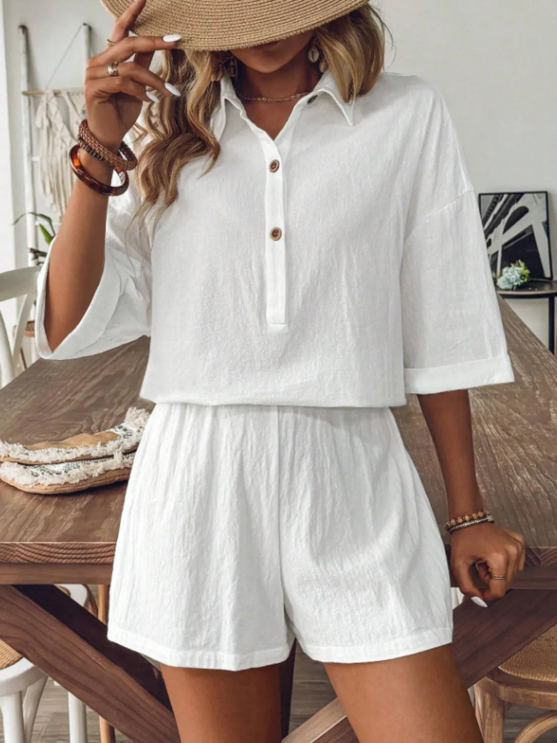 Collared Neck Half Sleeve Top and Shorts Set - Velora Luxury Fashion