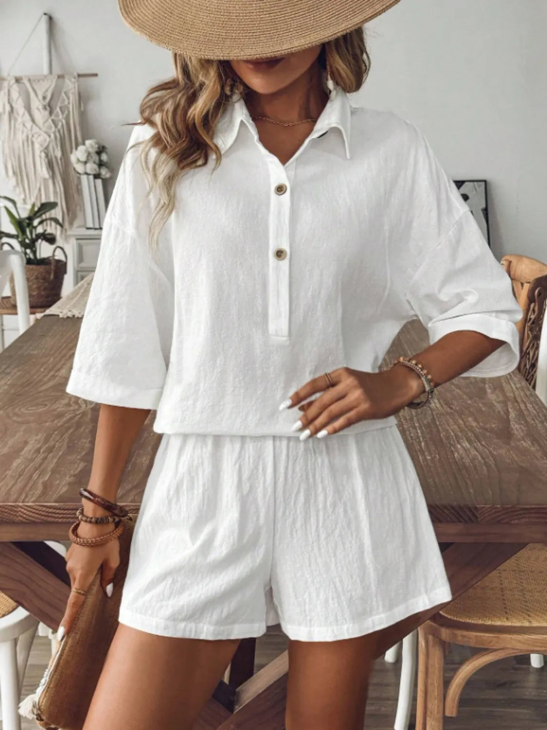 Collared Neck Half Sleeve Top and Shorts Set - Velora Luxury Fashion