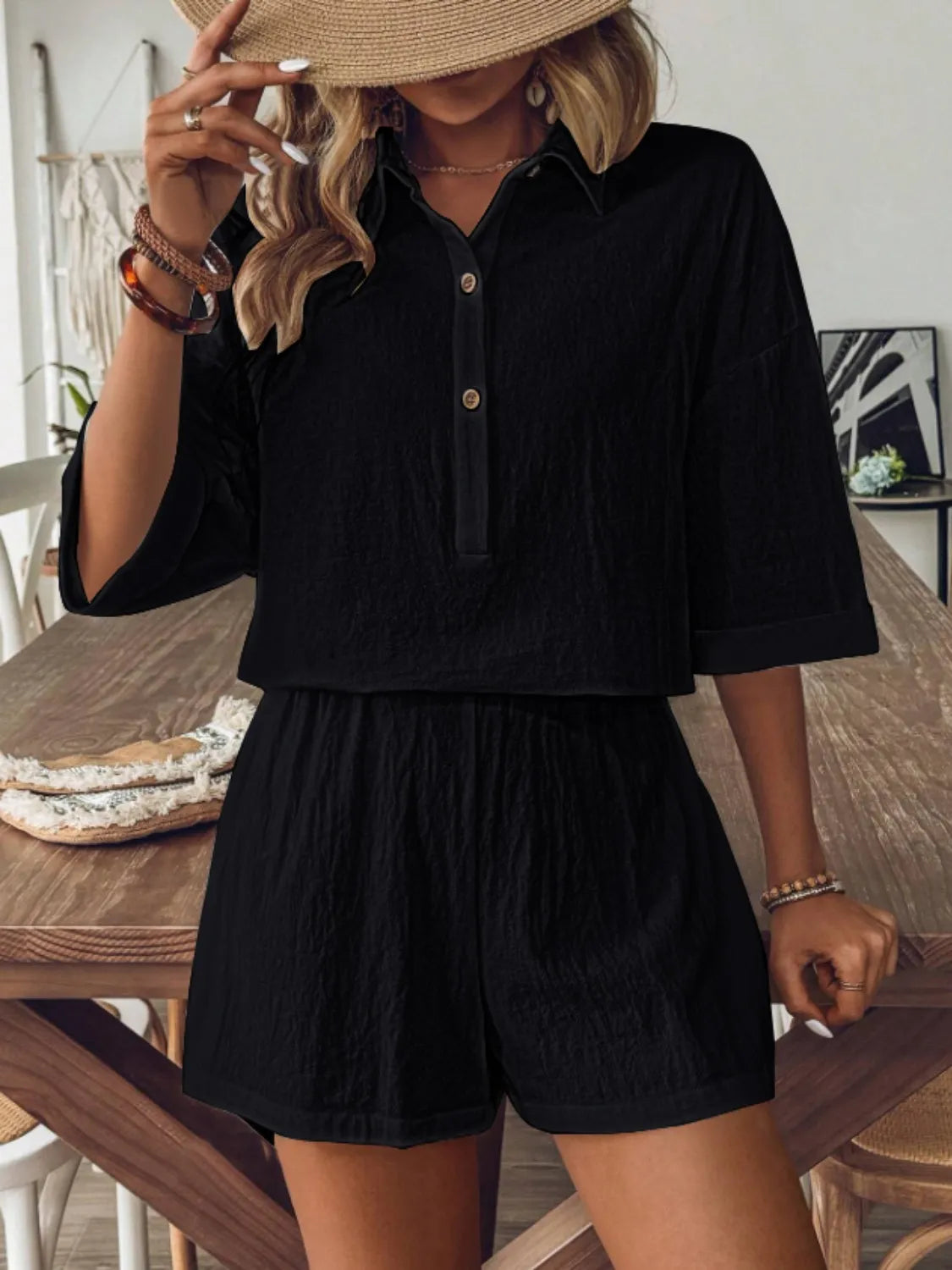 Collared Neck Half Sleeve Top and Shorts Set - Velora Luxury Fashion