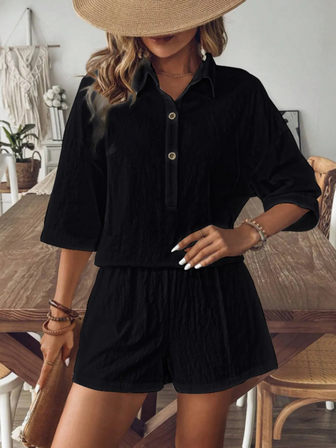 Collared Neck Half Sleeve Top and Shorts Set - Velora Luxury Fashion