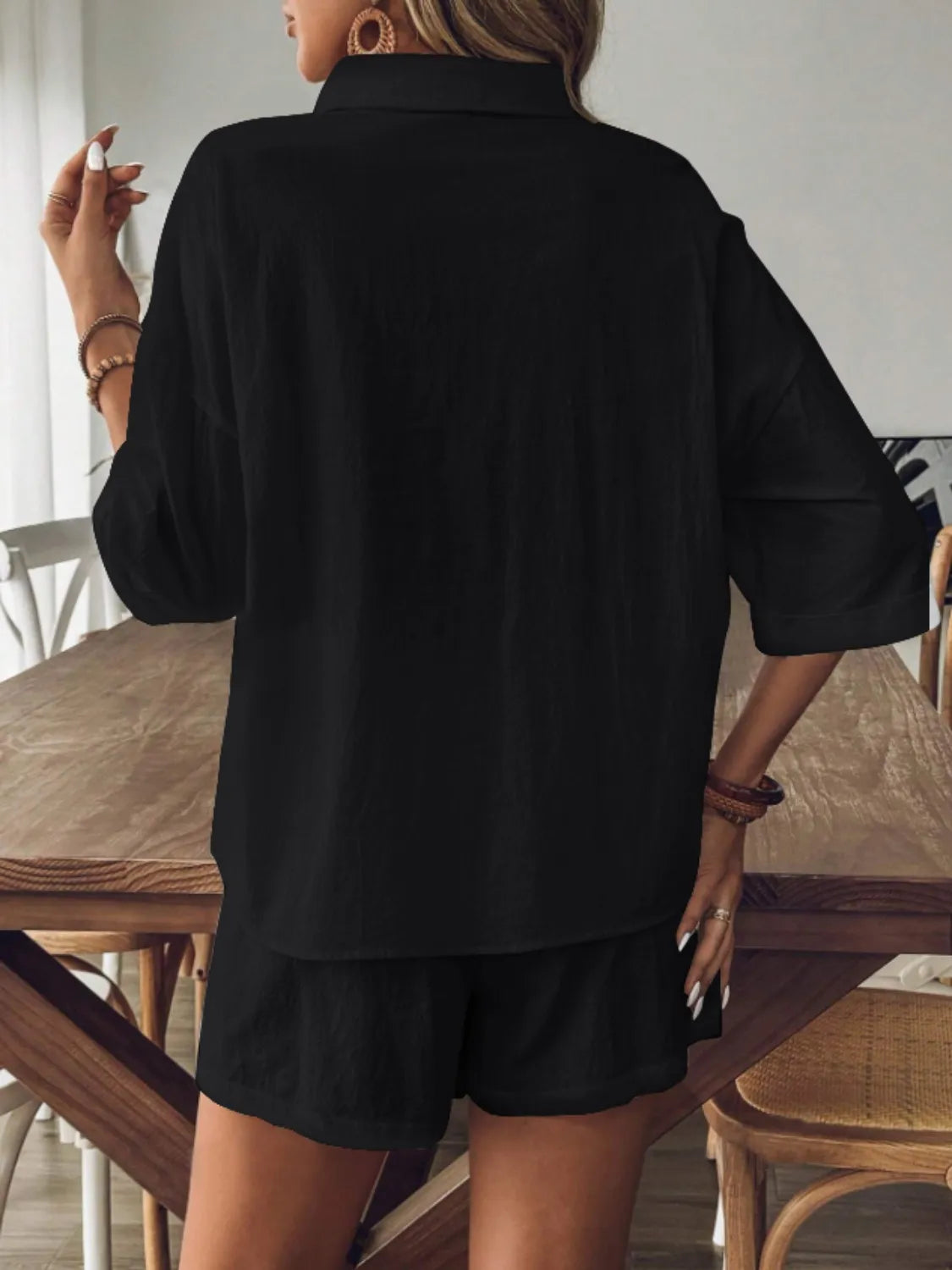 Collared Neck Half Sleeve Top and Shorts Set - Velora Luxury Fashion