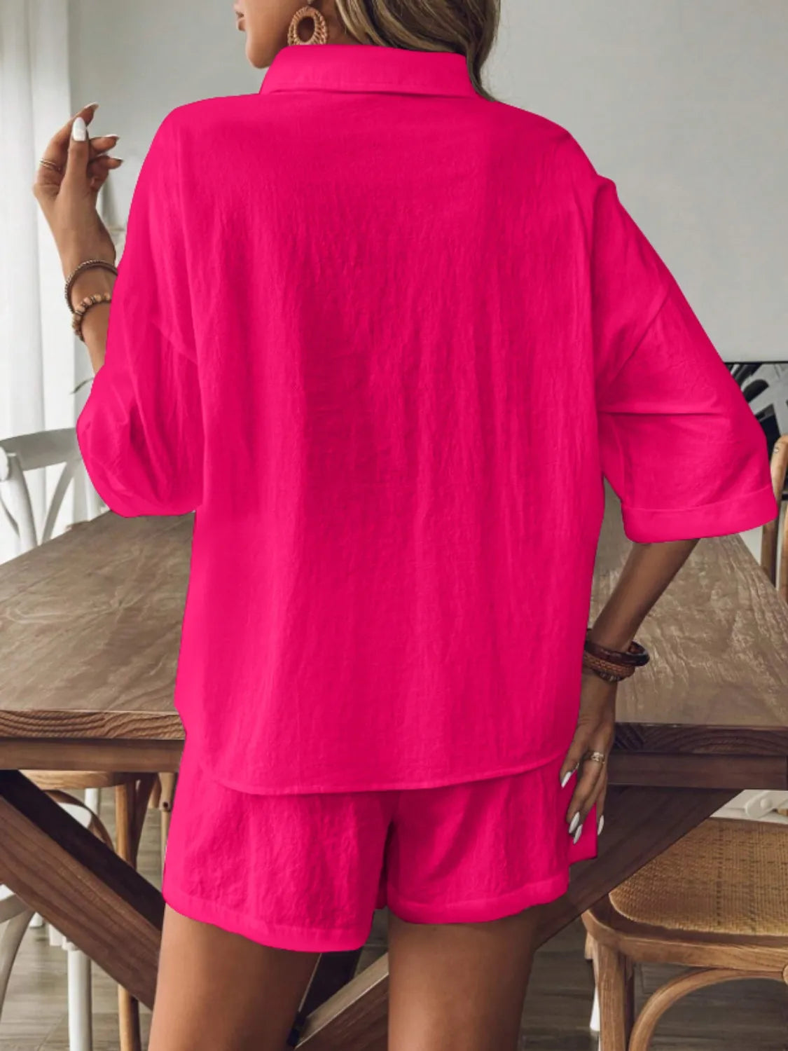 Collared Neck Half Sleeve Top and Shorts Set - Velora Luxury Fashion