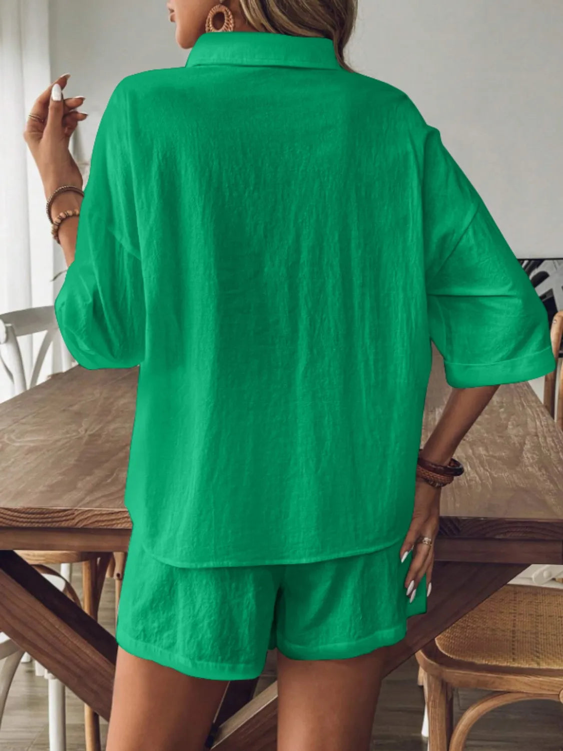 Collared Neck Half Sleeve Top and Shorts Set - Velora Luxury Fashion