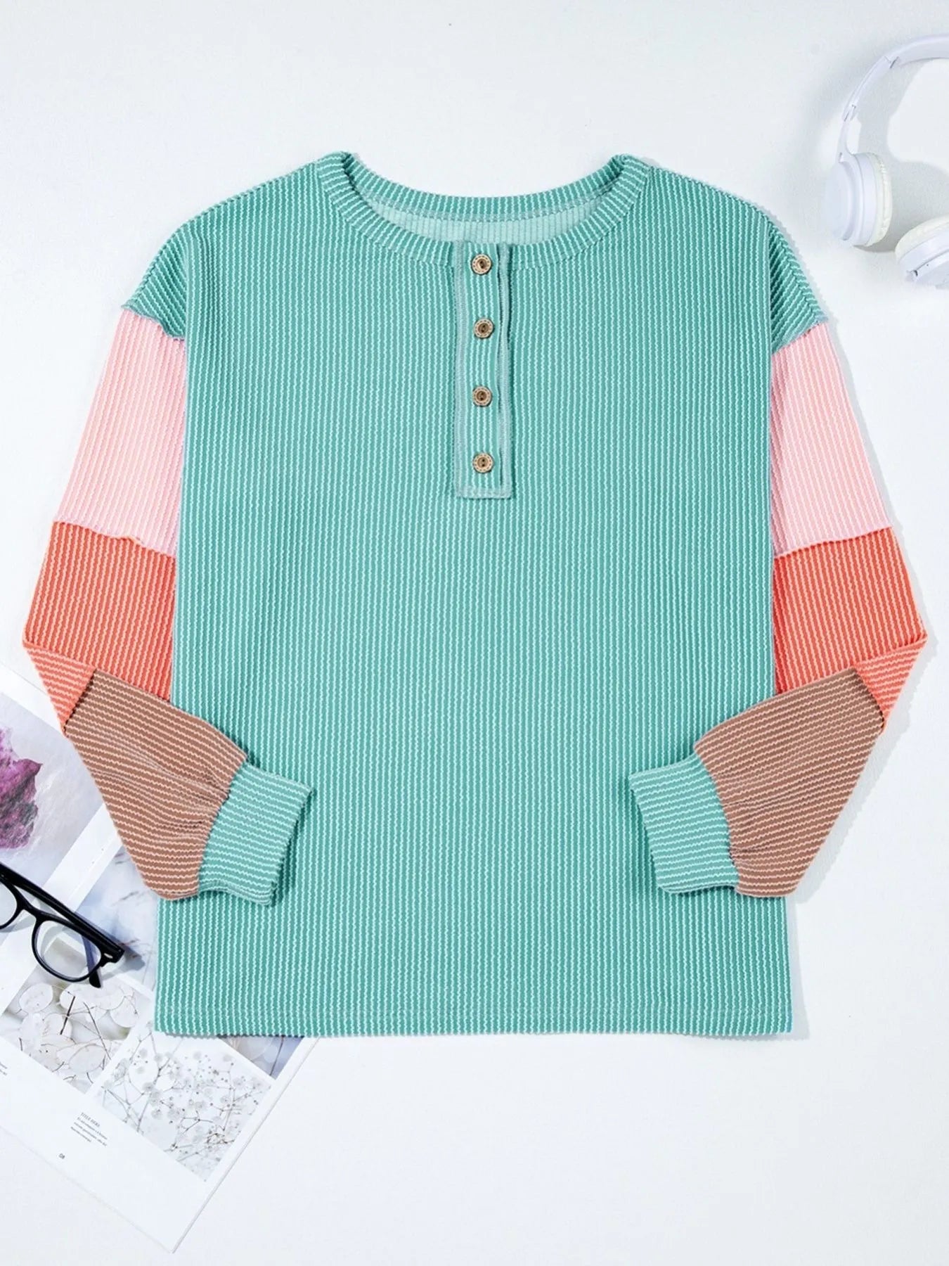 Color Block Ribbed Knit Henley Sweatshirt - Velora Luxury Fashion