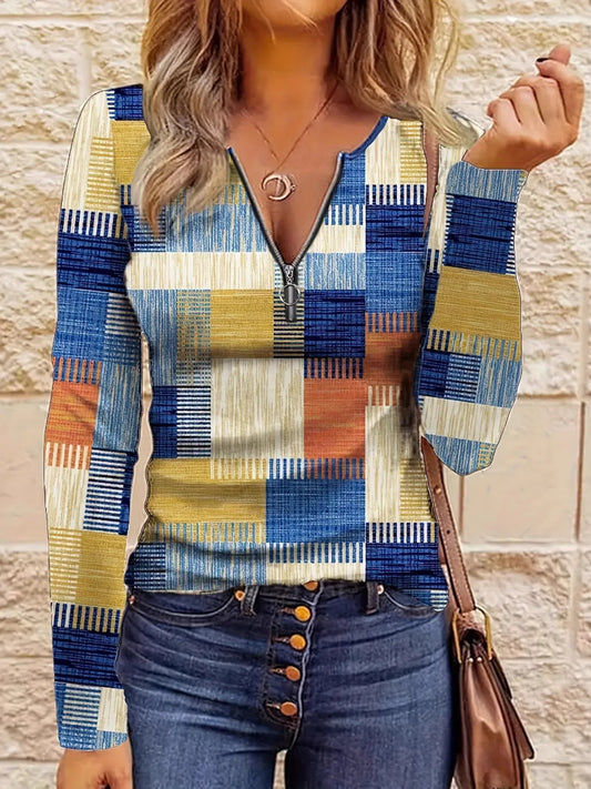 Color Block Zip Front Long Sleeve Top - Velora Luxury Fashion