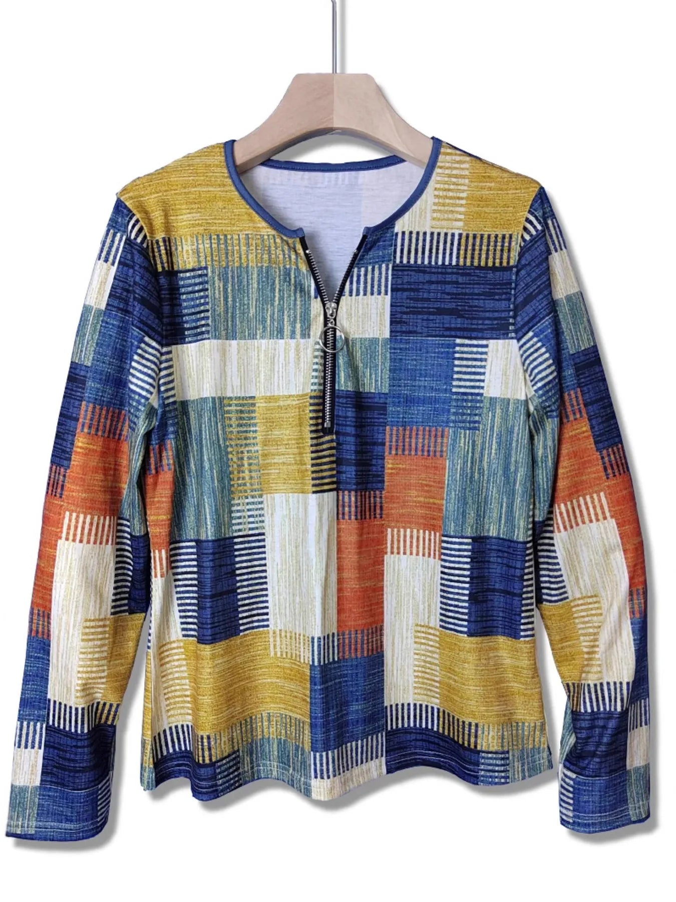 Color Block Zip Front Long Sleeve Top - Velora Luxury Fashion