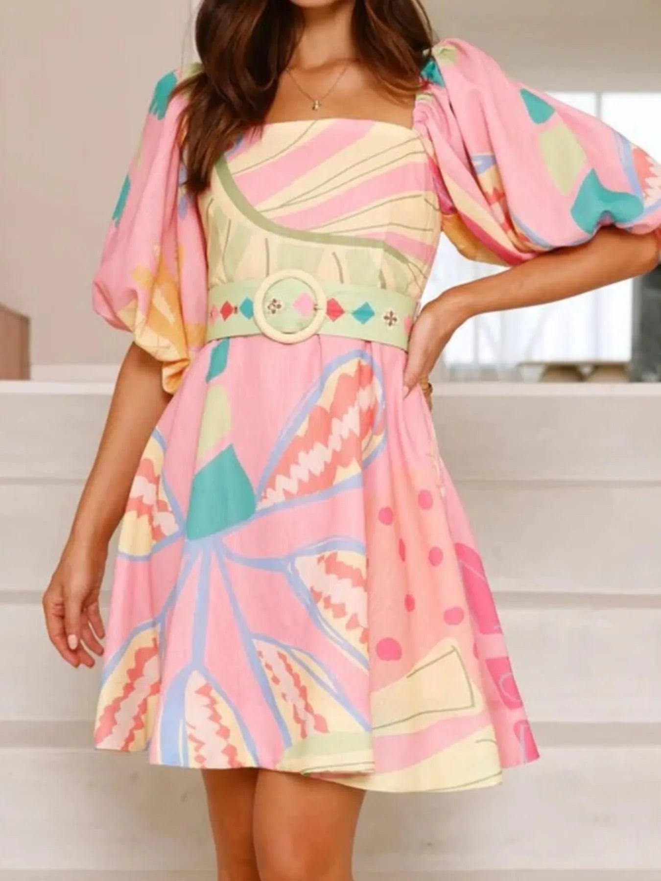 Colorful Print Belted Mini Dress with Puff Sleeves - Velora Luxury Fashion