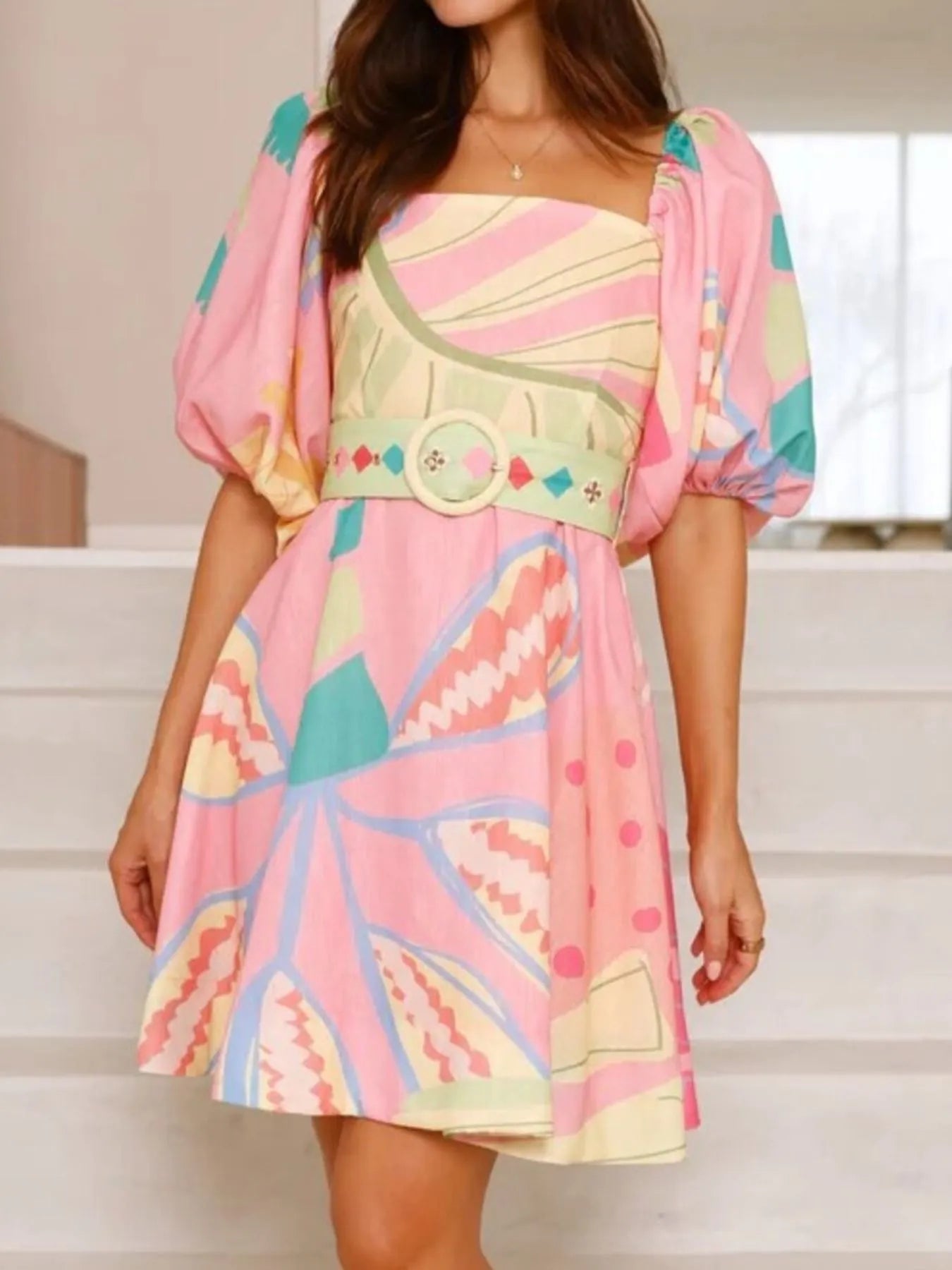 Colorful Print Belted Mini Dress with Puff Sleeves - Velora Luxury Fashion