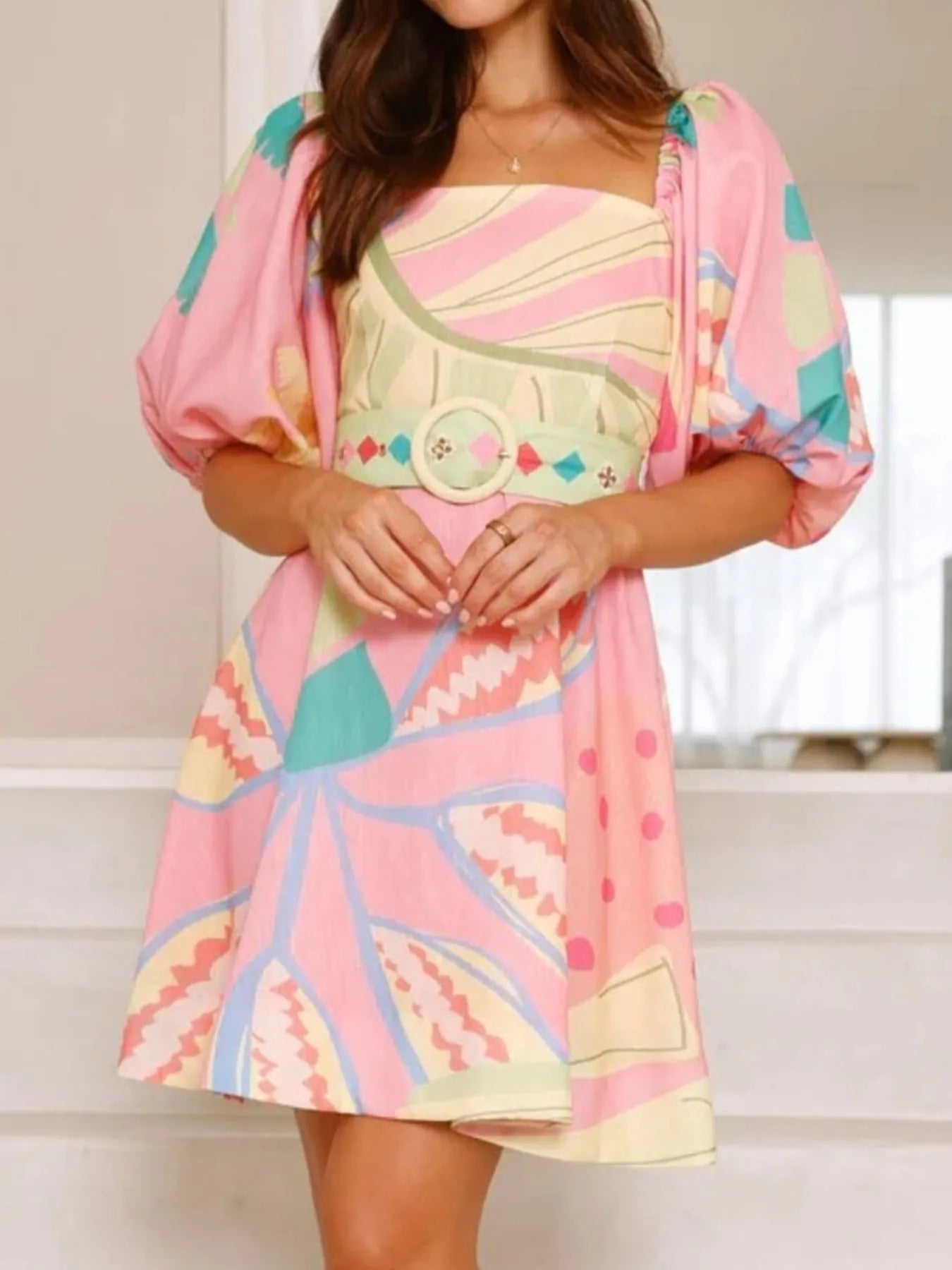 Colorful Print Belted Mini Dress with Puff Sleeves - Velora Luxury Fashion