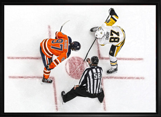 Connor McDavid and Sidney Crosby Framed 20x29 Overhead Face-off Canvas - Velora Luxury Fashion