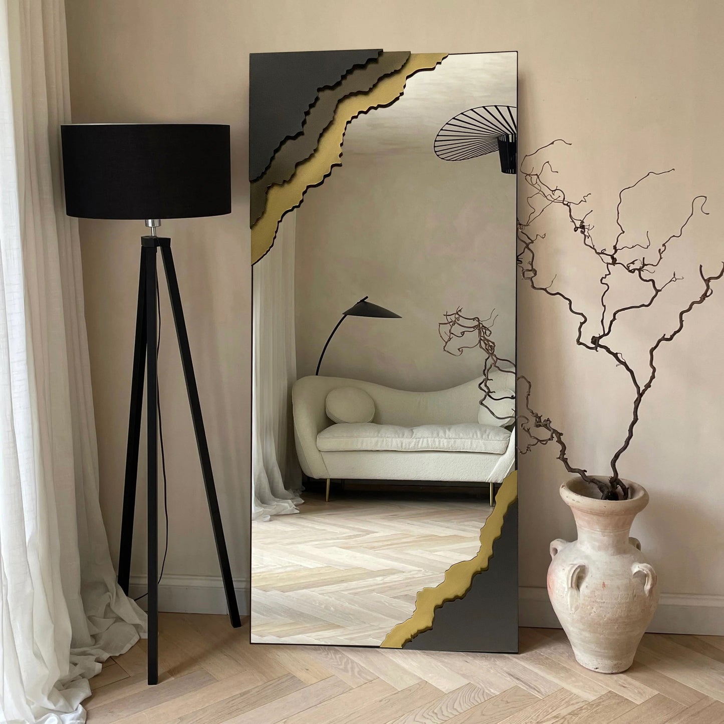 Contour Reflections: Dual-Tone Metal Frame Floor and Wall Mirror - Velora Luxury Fashion