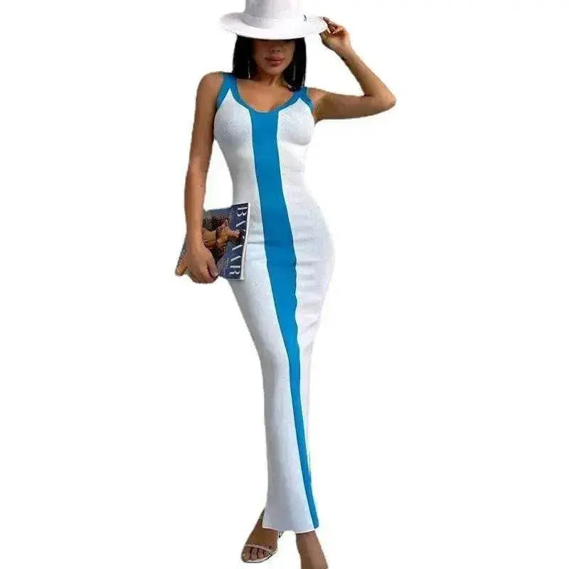 Contrast Color Knitted Mid-length Tight Braces Dress Women