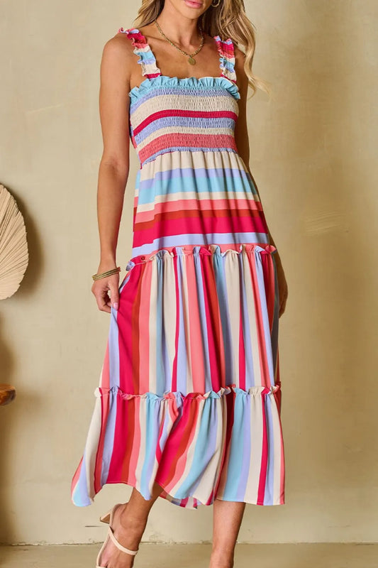 Contrast Stripe Wide Strap Smocked Tiered Dress - Velora Luxury Fashion