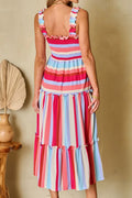 Contrast Stripe Wide Strap Smocked Tiered Dress - Velora Luxury Fashion