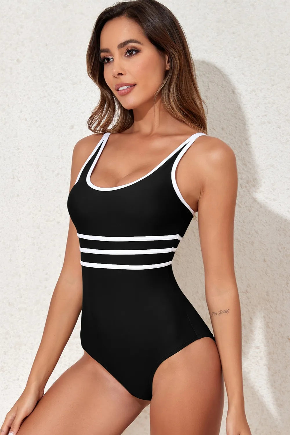 Contrast Trim Scoop Neck One-Piece Swimwear - Velora Luxury Fashion