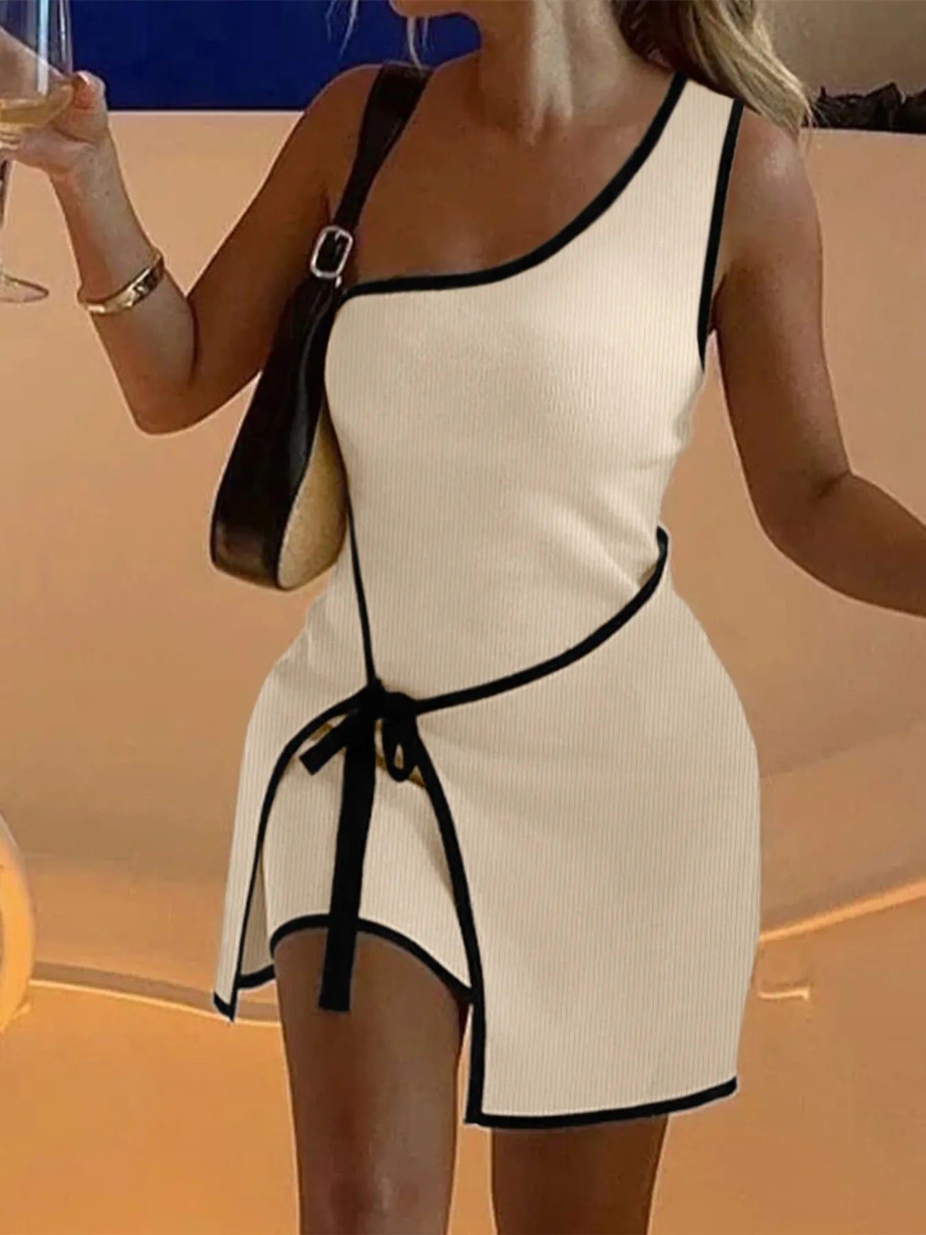 Contrast Trim Single Shoulder Mini Dress - Velora Luxury Fashion