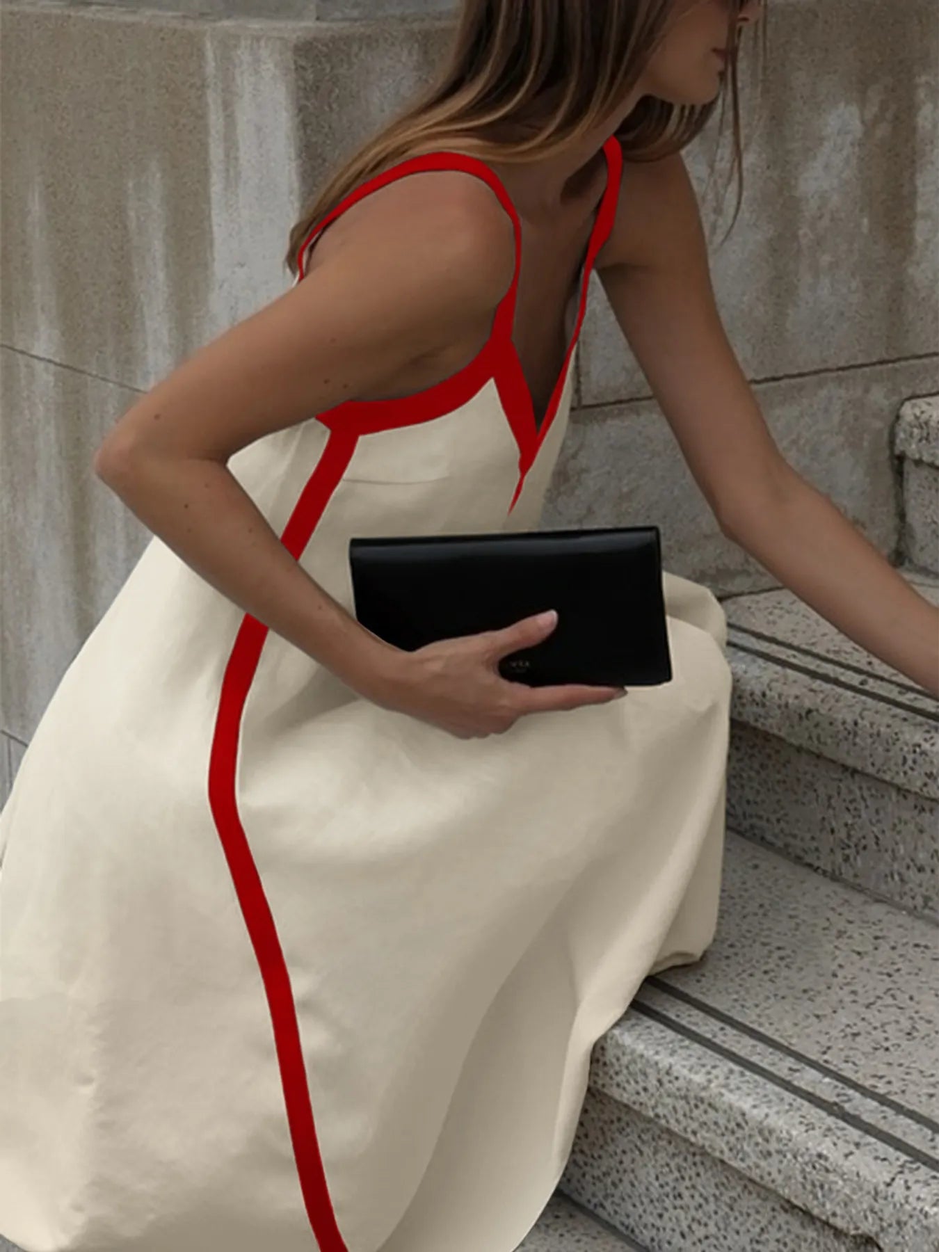 Contrast Trim V-Neck Maxi Dress - Velora Luxury Fashion