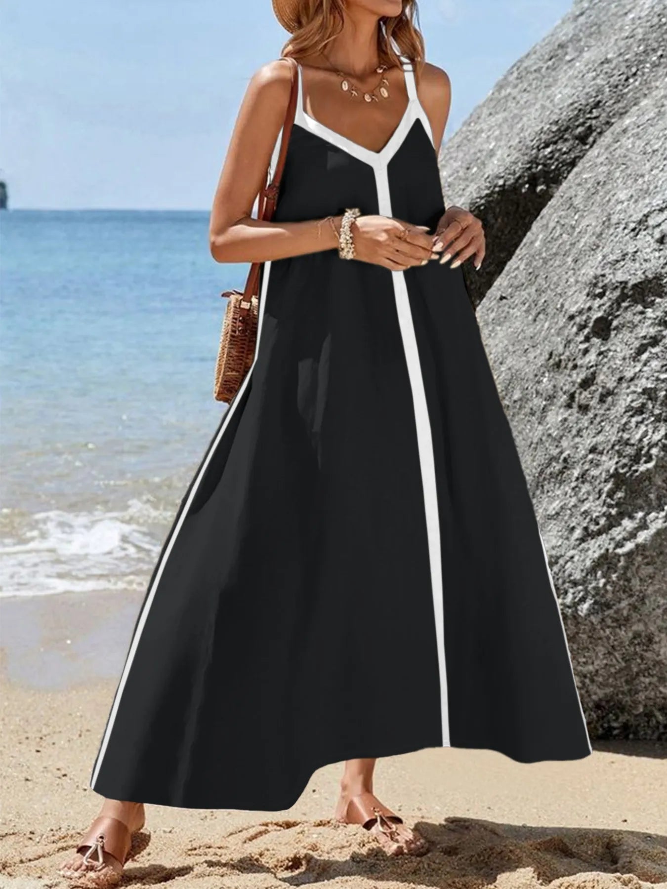 Contrast Trim V-Neck Maxi Dress - Velora Luxury Fashion