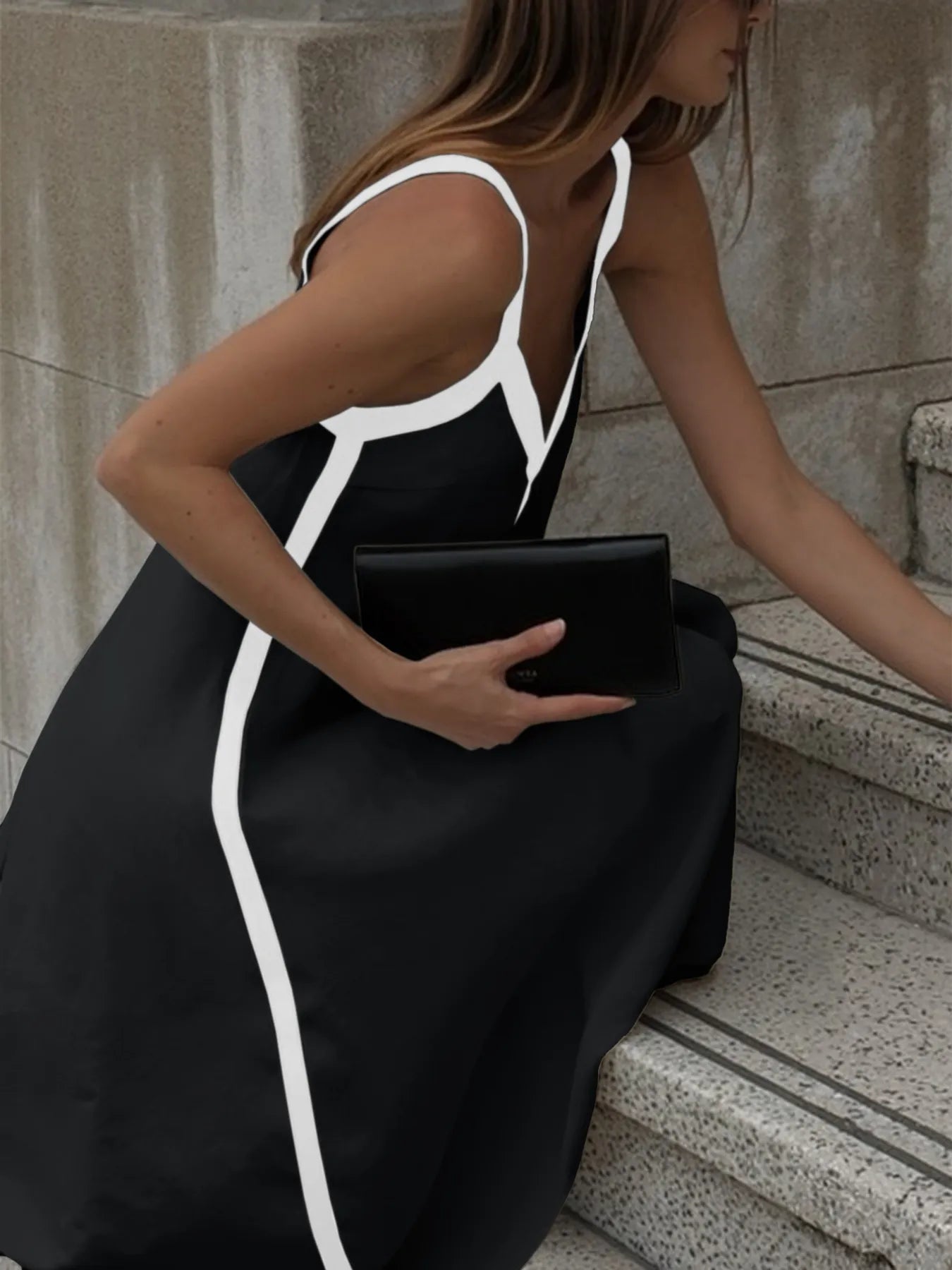 Contrast Trim V-Neck Maxi Dress - Velora Luxury Fashion