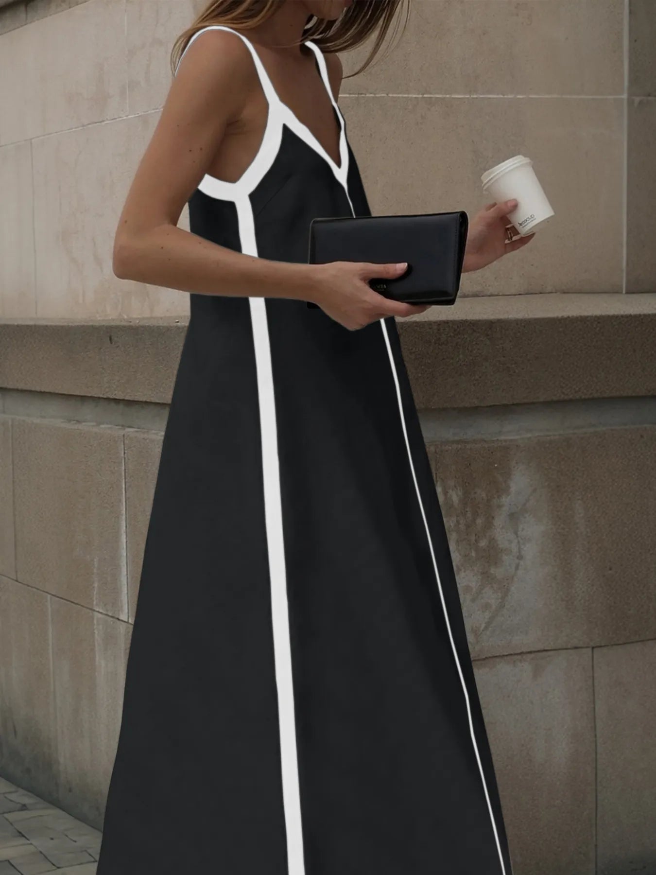 Contrast Trim V-Neck Maxi Dress - Velora Luxury Fashion