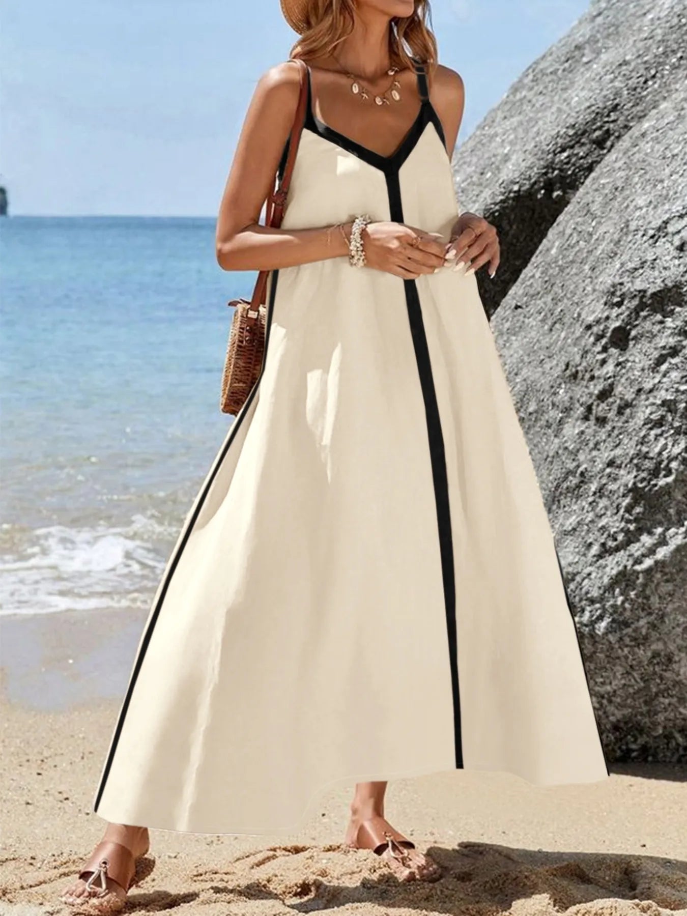 Contrast Trim V-Neck Maxi Dress - Velora Luxury Fashion