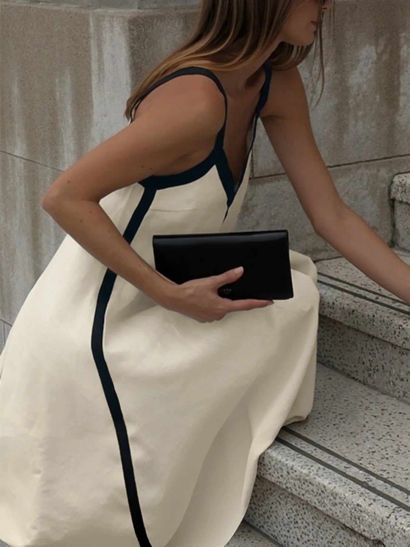 Contrast Trim V-Neck Maxi Dress - Velora Luxury Fashion