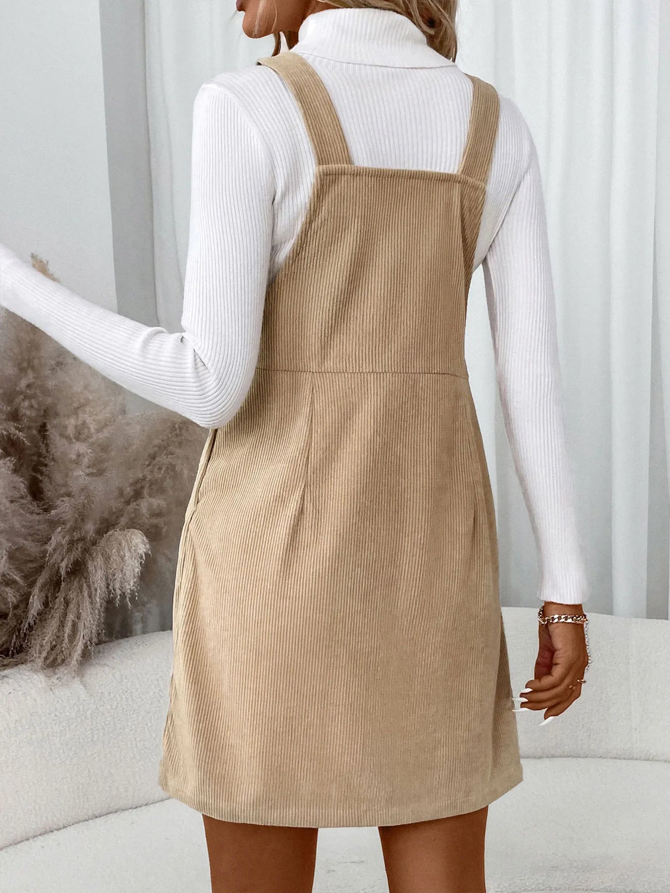 Corduroy Overall Dress with Pocket - Velora Luxury Fashion