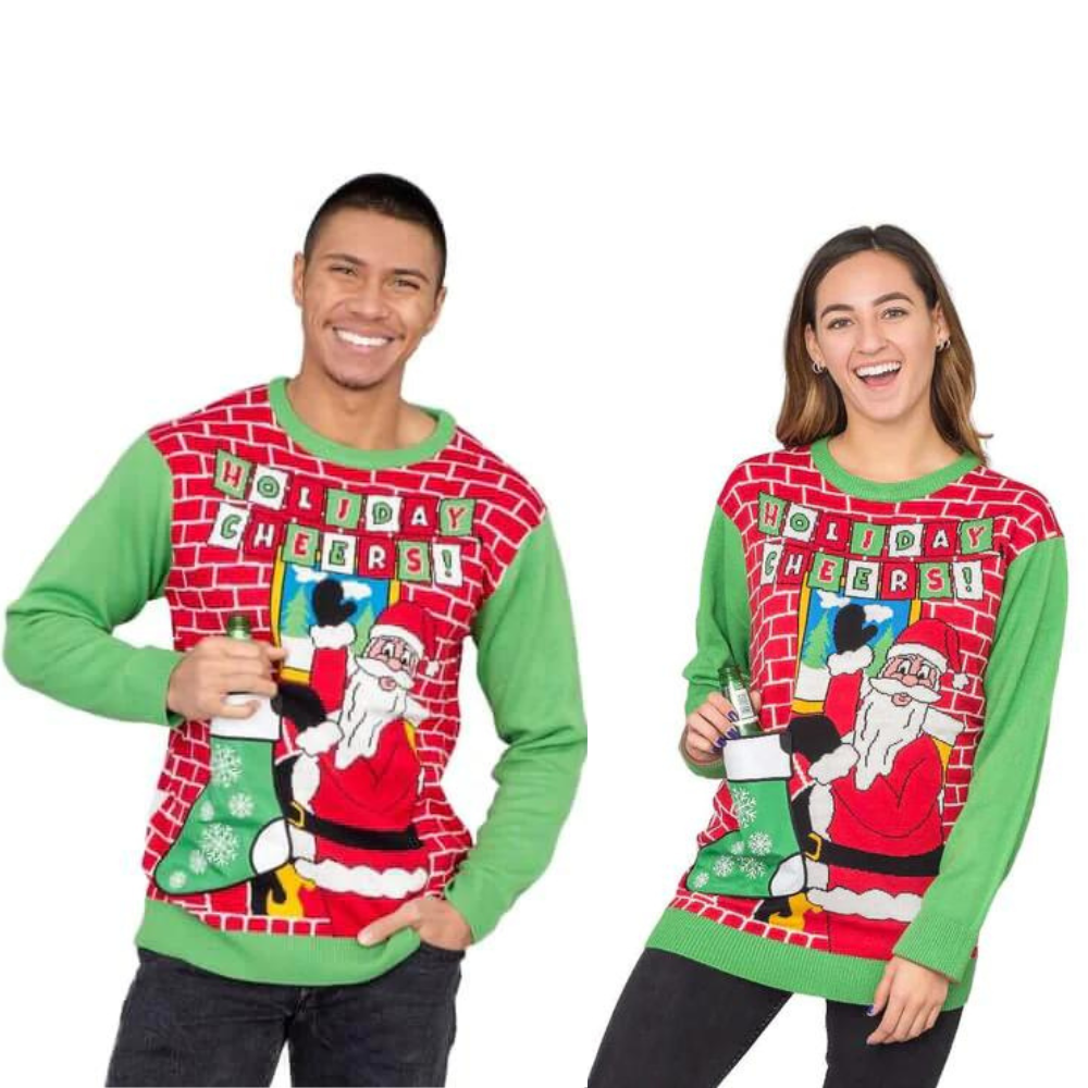 Couple - Holiday Cheers! Santa With Beer Holder Stocking  Sweater - Velora Luxury Fashion
