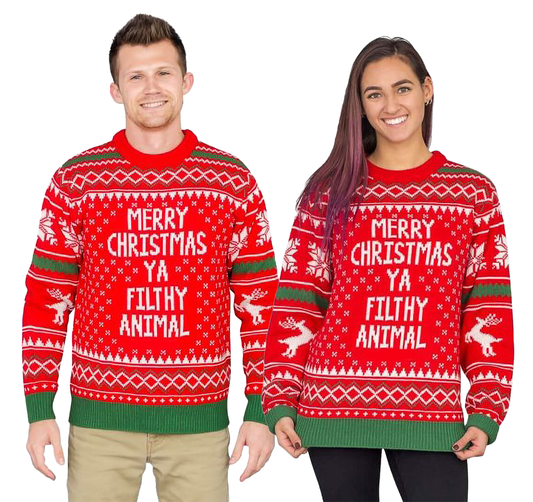 Couple - Merry Christmas Ya Filthy Animal Snowflake And Reindeer  Sweater - Velora Luxury Fashion