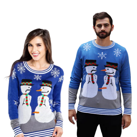 Couple - Snowman Nose Thief Blue Christmas Sweater - Velora Luxury Fashion