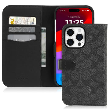 Coach Signature Canvas Two Piece Detachable Wallet Folio iPhone 15 Pro Max Case Compatible with Wireless Charging - Signature Charcoal