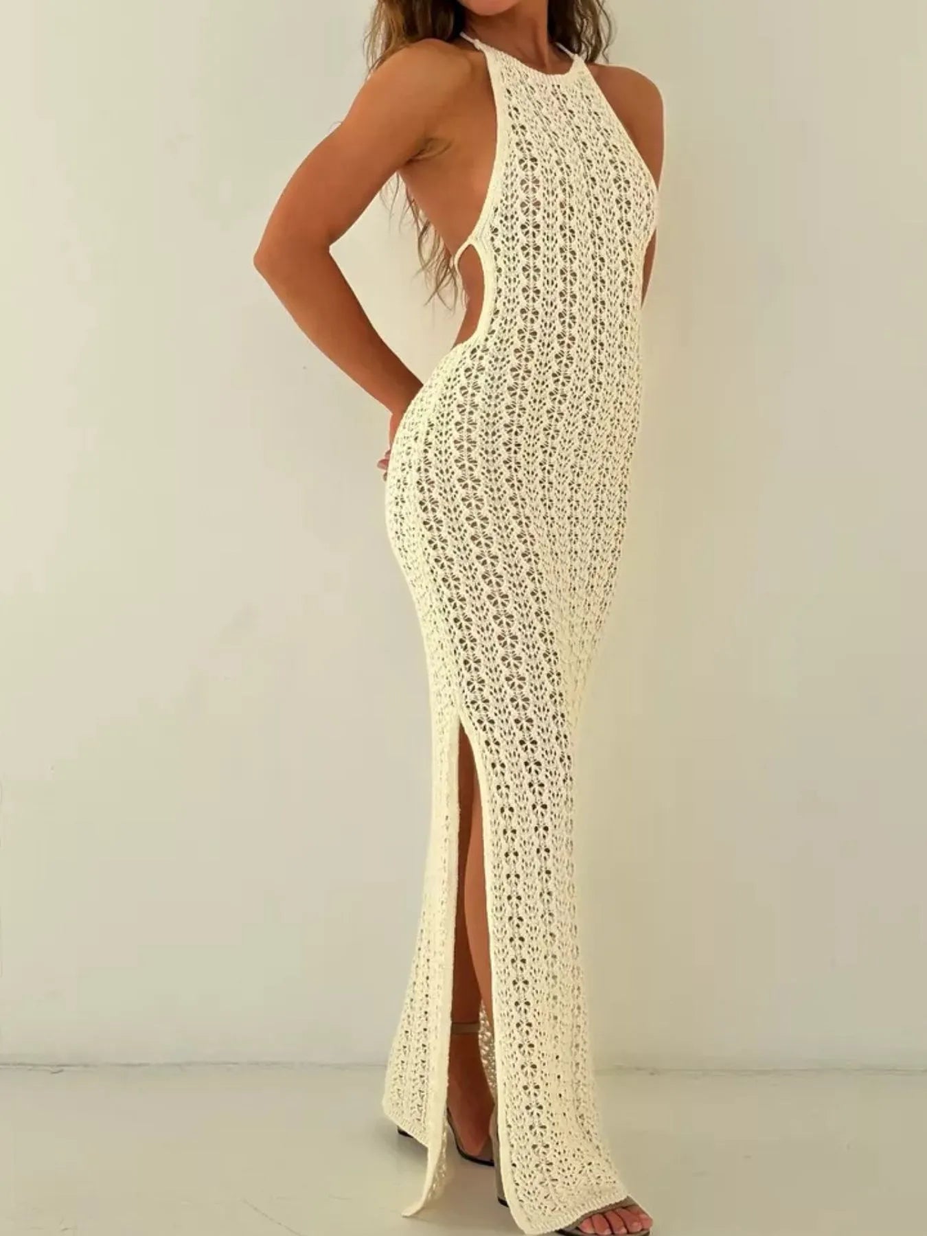 Crochet Halter Neck Bodycon Knit Cover Up Dress - Velora Luxury Fashion