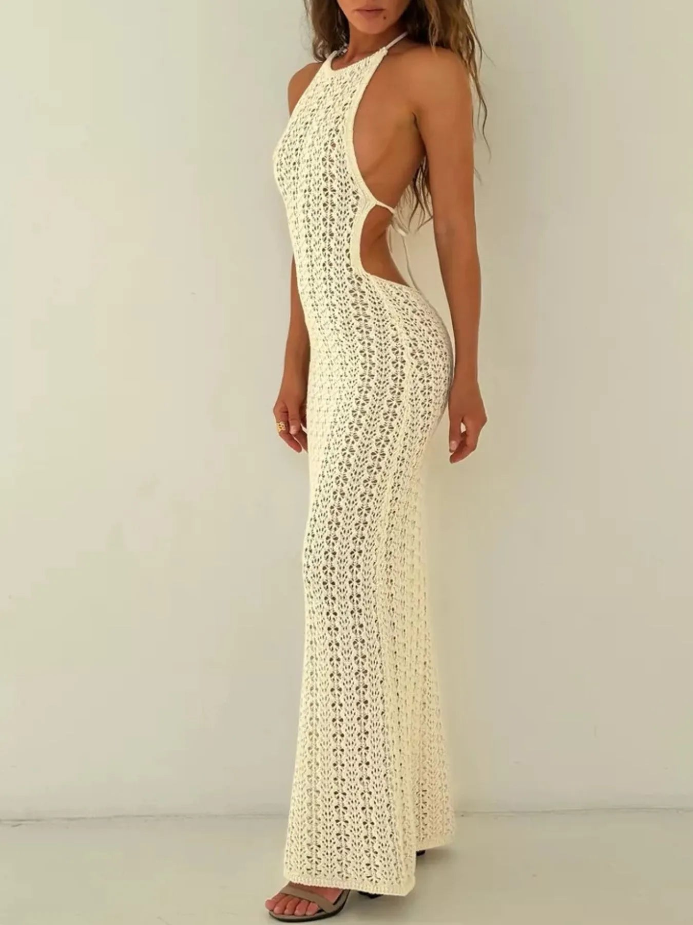 Crochet Halter Neck Bodycon Knit Cover Up Dress - Velora Luxury Fashion